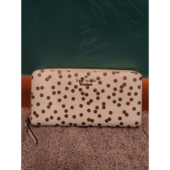 kate spade Bags Kate Spade Zip Around White And Gold Polka Dot